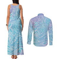 Baby Blue Gradient Polynesia Couples Matching Tank Maxi Dress and Long Sleeve Button Shirt Hawaiian Tribal Hammerhead Shark Tattoo