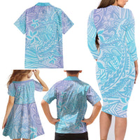 Baby Blue Gradient Polynesia Family Matching Long Sleeve Bodycon Dress and Hawaiian Shirt Hawaiian Tribal Hammerhead Shark Tattoo LT14 - Polynesian Pride