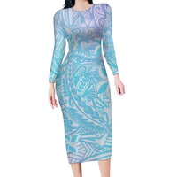 Baby Blue Gradient Polynesia Family Matching Long Sleeve Bodycon Dress and Hawaiian Shirt Hawaiian Tribal Hammerhead Shark Tattoo LT14 Mom's Dress Baby Blue - Polynesian Pride