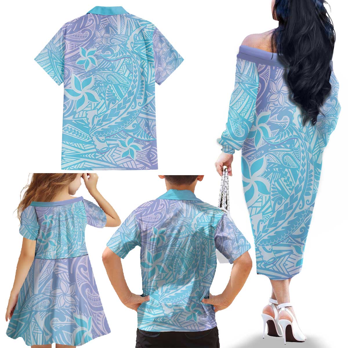 Baby Blue Gradient Polynesia Family Matching Off The Shoulder Long Sleeve Dress and Hawaiian Shirt Hawaiian Tribal Hammerhead Shark Tattoo LT14 - Polynesian Pride