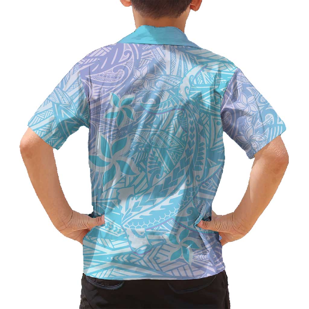 Baby Blue Gradient Polynesia Family Matching Off Shoulder Maxi Dress and Hawaiian Shirt Hawaiian Tribal Hammerhead Shark Tattoo LT14 - Polynesian Pride