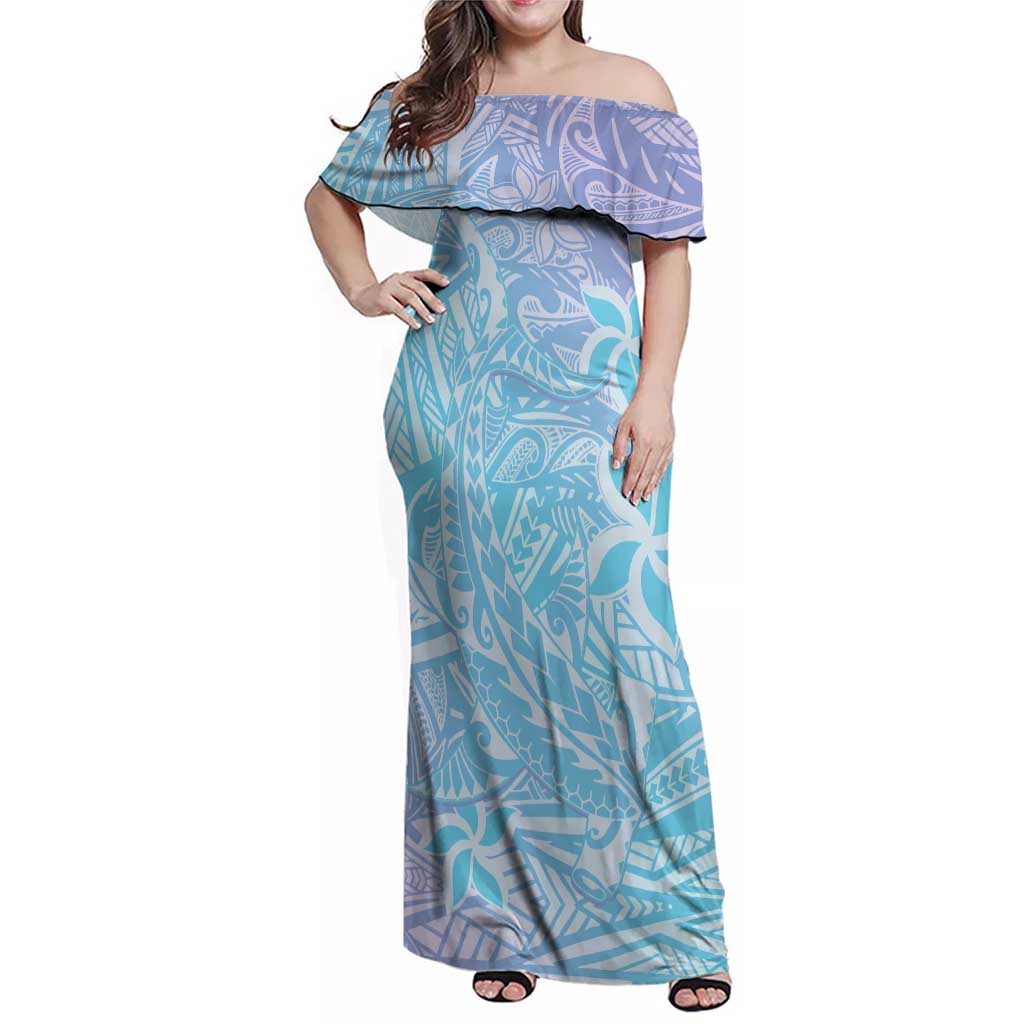 Baby Blue Gradient Polynesia Family Matching Off Shoulder Maxi Dress and Hawaiian Shirt Hawaiian Tribal Hammerhead Shark Tattoo LT14 Mom's Dress Baby Blue - Polynesian Pride