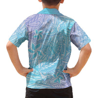 Baby Blue Gradient Polynesia Family Matching Off Shoulder Short Dress and Hawaiian Shirt Hawaiian Tribal Hammerhead Shark Tattoo LT14 - Polynesian Pride