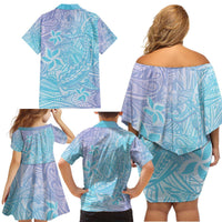 Baby Blue Gradient Polynesia Family Matching Off Shoulder Short Dress and Hawaiian Shirt Hawaiian Tribal Hammerhead Shark Tattoo LT14 - Polynesian Pride