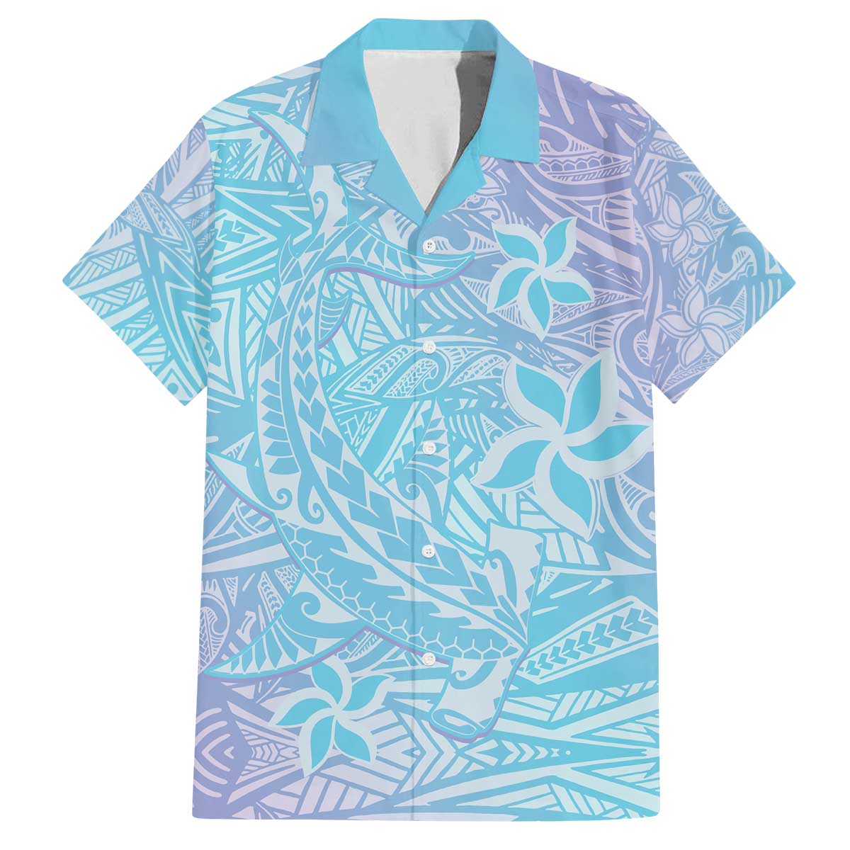 Baby Blue Gradient Polynesia Family Matching Off Shoulder Short Dress and Hawaiian Shirt Hawaiian Tribal Hammerhead Shark Tattoo LT14 Dad's Shirt - Short Sleeve Baby Blue - Polynesian Pride