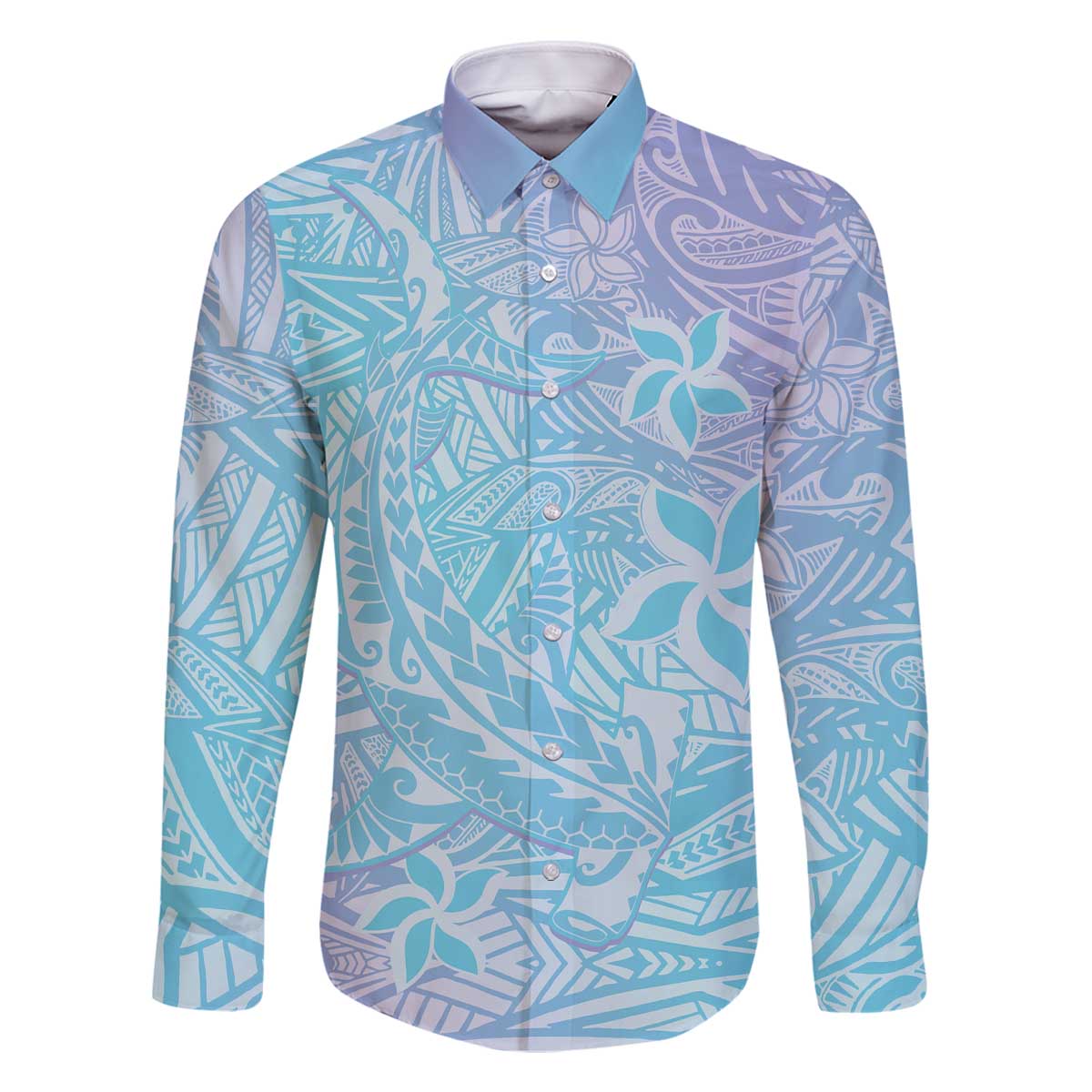 Baby Blue Gradient Polynesia Family Matching Off Shoulder Short Dress and Hawaiian Shirt Hawaiian Tribal Hammerhead Shark Tattoo LT14 Dad's Shirt - Long Sleeve Baby Blue - Polynesian Pride