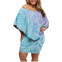 Baby Blue Gradient Polynesia Family Matching Off Shoulder Short Dress and Hawaiian Shirt Hawaiian Tribal Hammerhead Shark Tattoo LT14 Mom's Dress Baby Blue - Polynesian Pride