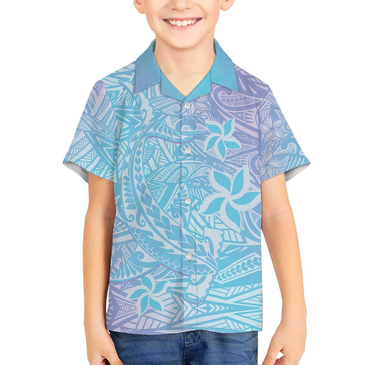 Baby Blue Gradient Polynesia Family Matching Off Shoulder Short Dress and Hawaiian Shirt Hawaiian Tribal Hammerhead Shark Tattoo LT14 Son's Shirt Baby Blue - Polynesian Pride