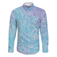 Baby Blue Gradient Polynesia Family Matching Puletasi and Hawaiian Shirt Hawaiian Tribal Hammerhead Shark Tattoo LT14 Dad's Shirt - Long Sleeve Baby Blue - Polynesian Pride