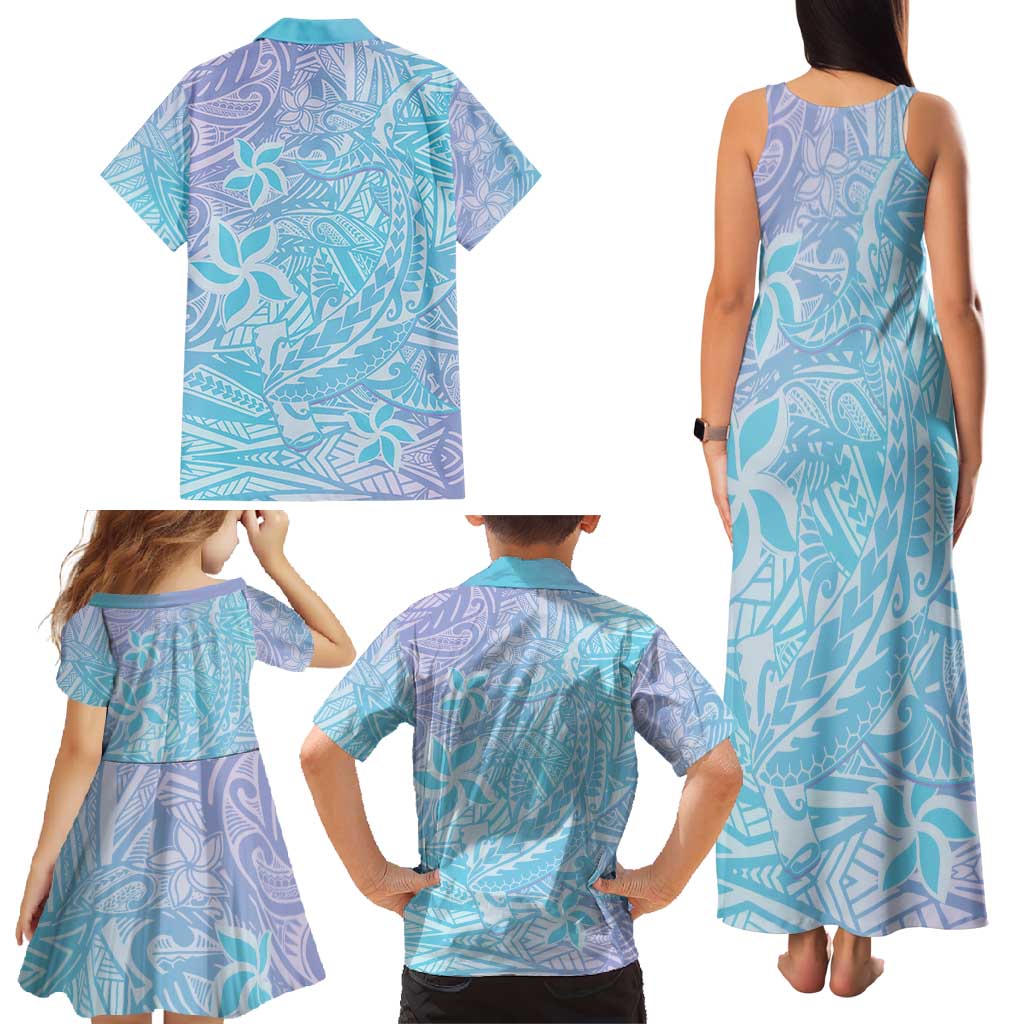 Baby Blue Gradient Polynesia Family Matching Tank Maxi Dress and Hawaiian Shirt Hawaiian Tribal Hammerhead Shark Tattoo LT14 - Polynesian Pride