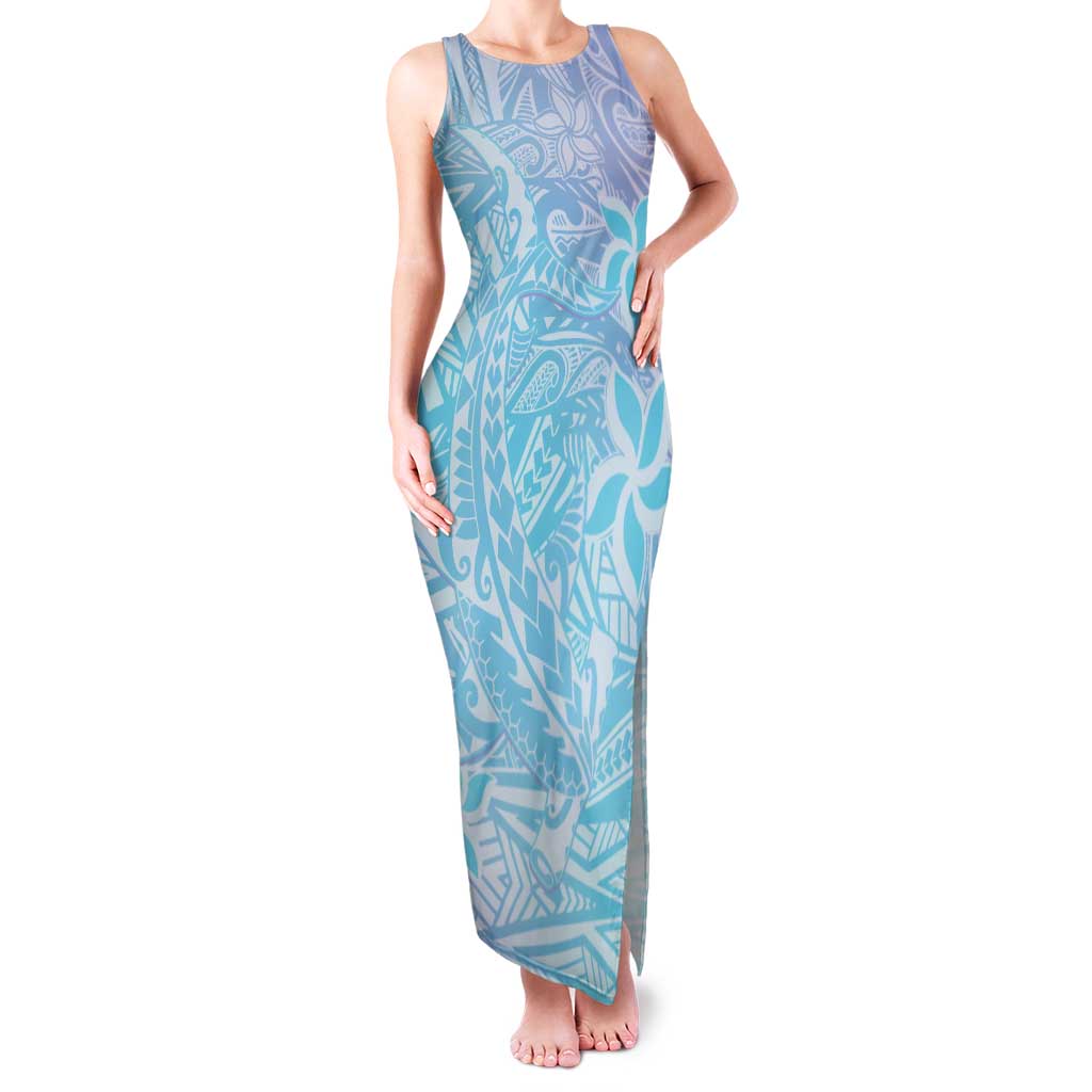 Baby Blue Gradient Polynesia Family Matching Tank Maxi Dress and Hawaiian Shirt Hawaiian Tribal Hammerhead Shark Tattoo LT14 Mom's Dress Baby Blue - Polynesian Pride