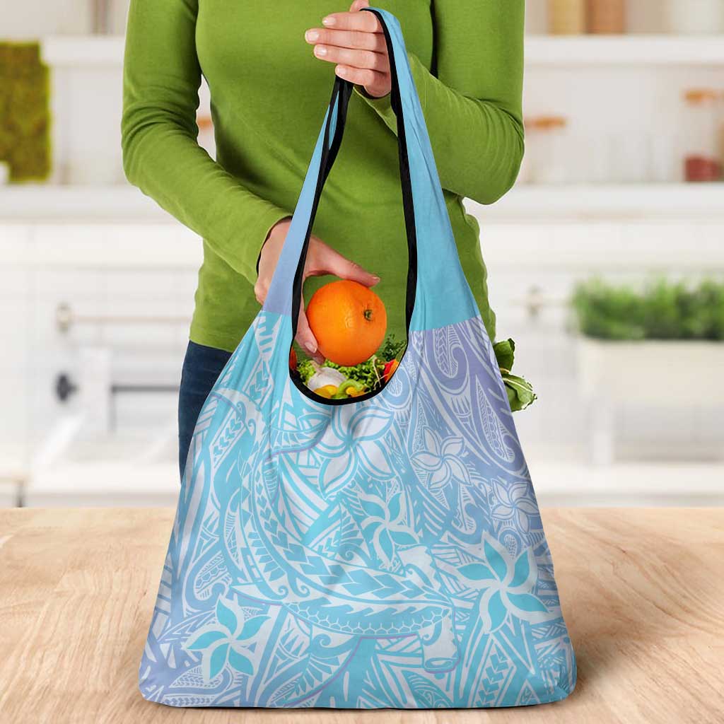 Baby Blue Gradient Polynesia Grocery Bag Hawaiian Tribal Hammerhead Shark Tattoo