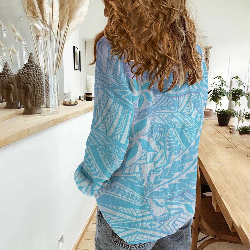Baby Blue Gradient Polynesia Women Casual Shirt Hawaiian Tribal Hammerhead Shark Tattoo