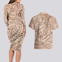 Pastel Brown Polynesia Couples Matching Long Sleeve Bodycon Dress and Hawaiian Shirt Hawaiian Tribal Hammerhead Shark Tattoo LT14 - Polynesian Pride