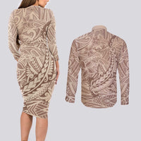 Pastel Brown Polynesia Couples Matching Long Sleeve Bodycon Dress and Long Sleeve Button Shirt Hawaiian Tribal Hammerhead Shark Tattoo LT14 - Polynesian Pride