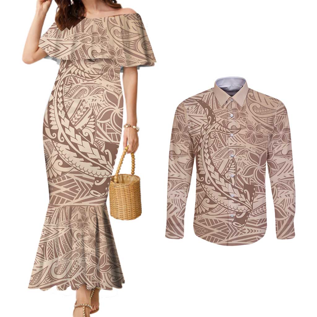 Pastel Brown Polynesia Couples Matching Mermaid Dress and Long Sleeve Button Shirt Hawaiian Tribal Hammerhead Shark Tattoo LT14 Pastel Brown - Polynesian Pride