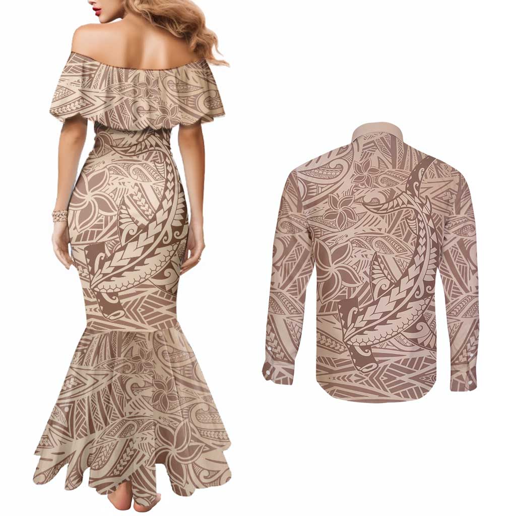 Pastel Brown Polynesia Couples Matching Mermaid Dress and Long Sleeve Button Shirt Hawaiian Tribal Hammerhead Shark Tattoo LT14 - Polynesian Pride