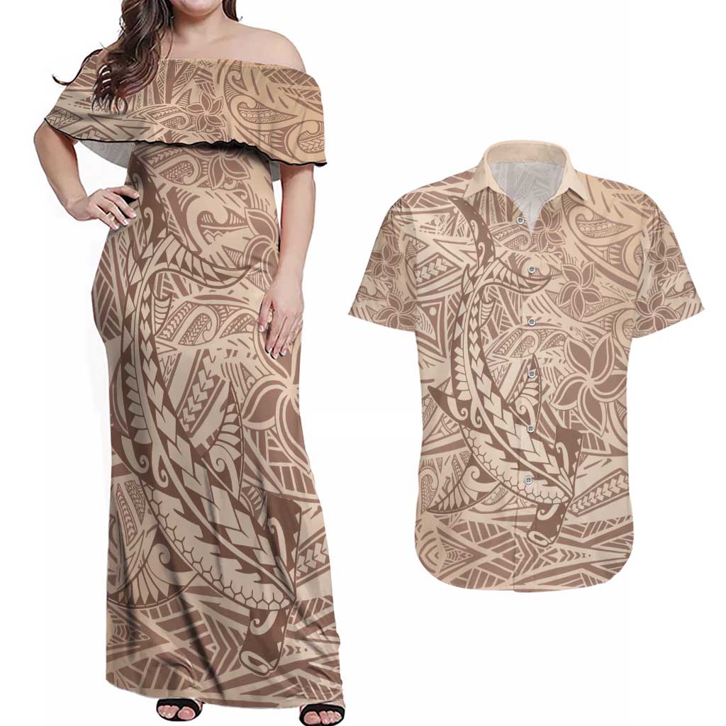 Pastel Brown Polynesia Couples Matching Off Shoulder Maxi Dress and Hawaiian Shirt Hawaiian Tribal Hammerhead Shark Tattoo LT14 Pastel Brown - Polynesian Pride