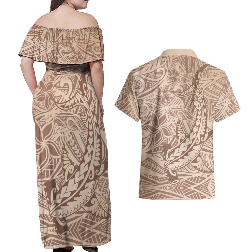 Pastel Brown Polynesia Couples Matching Off Shoulder Maxi Dress and Hawaiian Shirt Hawaiian Tribal Hammerhead Shark Tattoo LT14 - Polynesian Pride