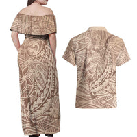 Pastel Brown Polynesia Couples Matching Off Shoulder Maxi Dress and Hawaiian Shirt Hawaiian Tribal Hammerhead Shark Tattoo LT14 - Polynesian Pride