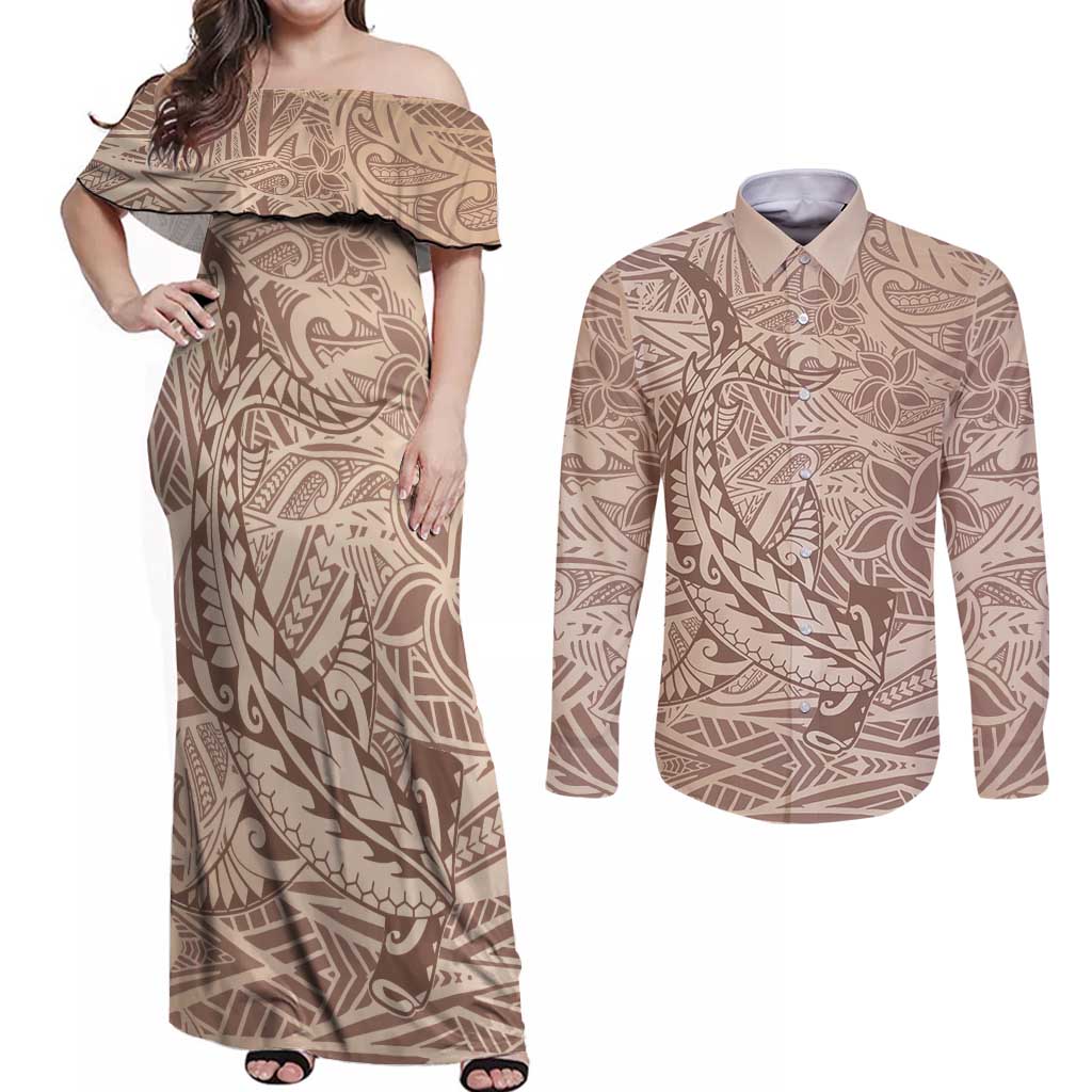 Pink Gradient Polynesia Couples Matching Off Shoulder Maxi Dress and Long Sleeve Button Shirt Hawaiian Tribal Hammerhead Shark Tattoo