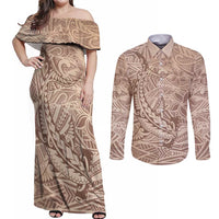 Pastel Brown Polynesia Couples Matching Off Shoulder Maxi Dress and Long Sleeve Button Shirt Hawaiian Tribal Hammerhead Shark Tattoo LT14 Pastel Brown - Polynesian Pride