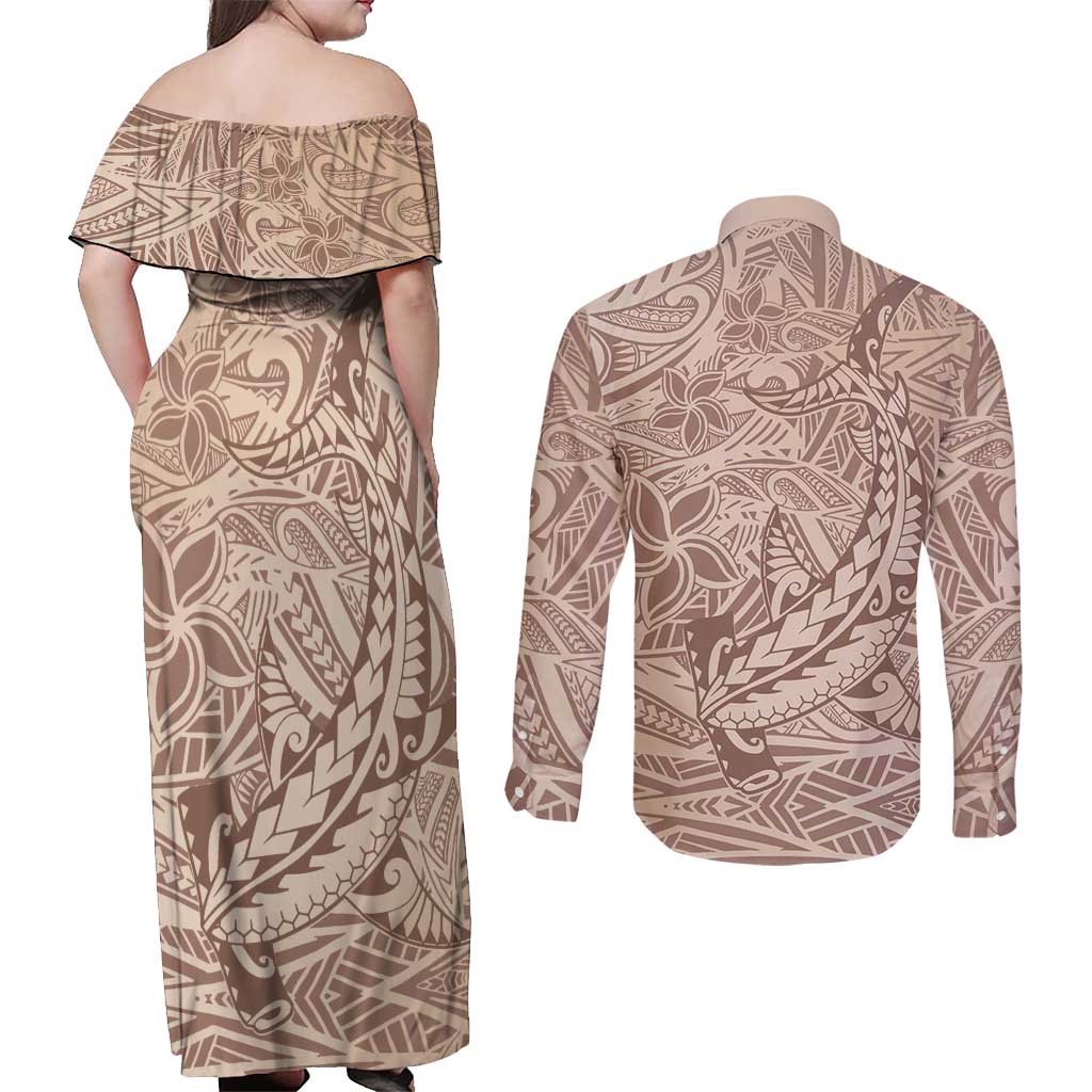 Pastel Brown Polynesia Couples Matching Off Shoulder Maxi Dress and Long Sleeve Button Shirt Hawaiian Tribal Hammerhead Shark Tattoo LT14 - Polynesian Pride