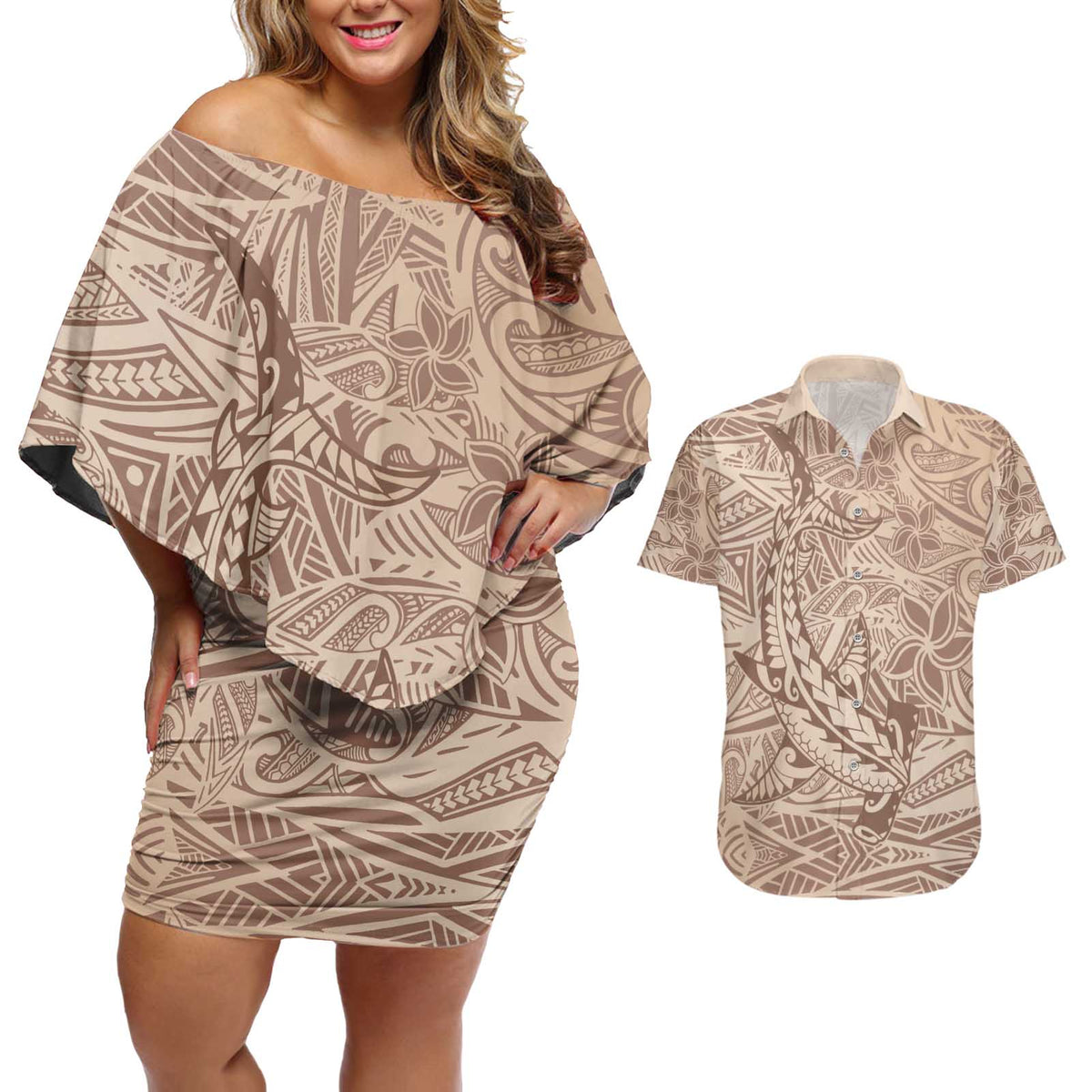 Pastel Brown Polynesia Couples Matching Off Shoulder Short Dress and Hawaiian Shirt Hawaiian Tribal Hammerhead Shark Tattoo LT14 Pastel Brown - Polynesian Pride