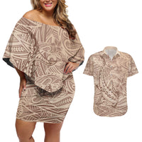 Pastel Brown Polynesia Couples Matching Off Shoulder Short Dress and Hawaiian Shirt Hawaiian Tribal Hammerhead Shark Tattoo LT14 Pastel Brown - Polynesian Pride