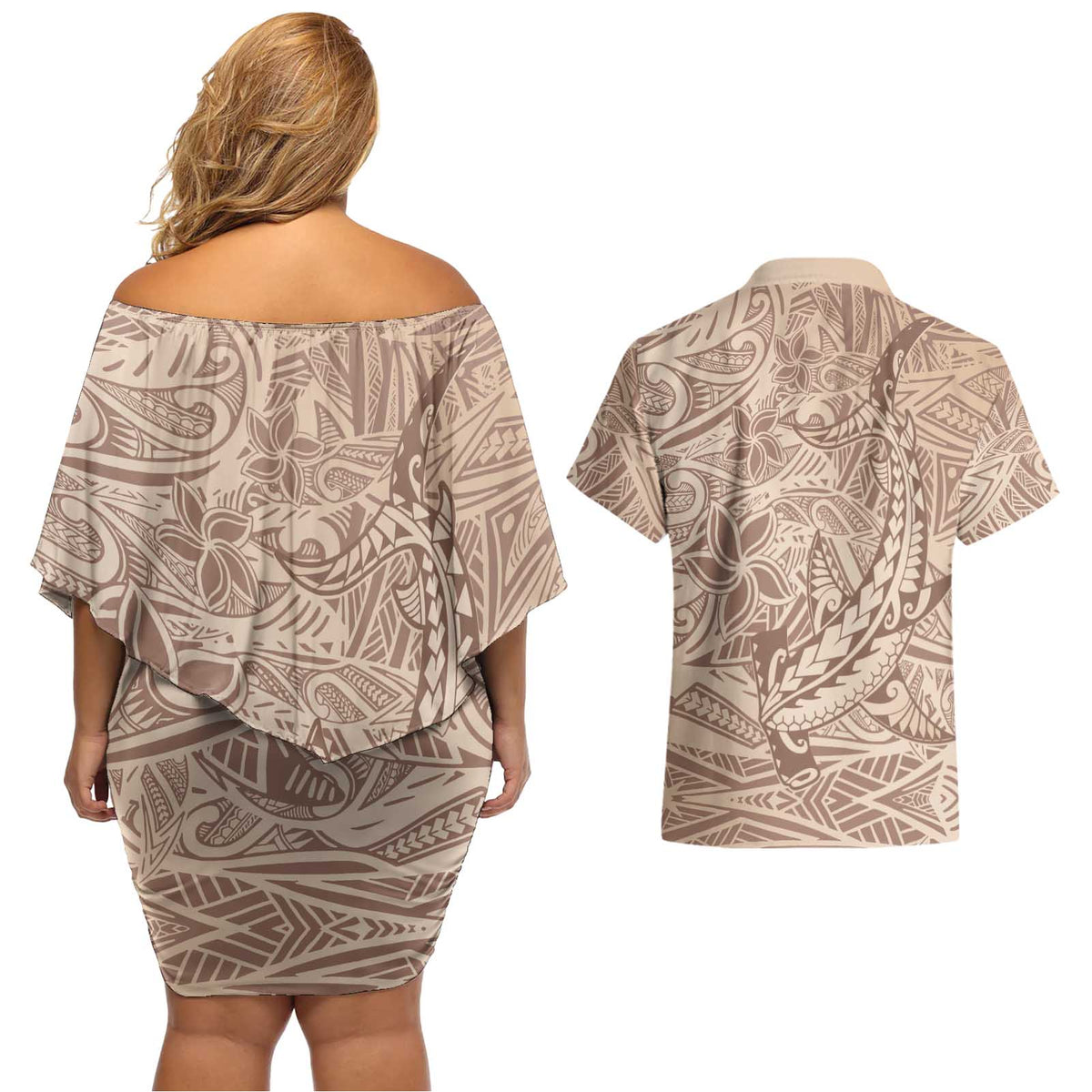 Pastel Brown Polynesia Couples Matching Off Shoulder Short Dress and Hawaiian Shirt Hawaiian Tribal Hammerhead Shark Tattoo LT14 - Polynesian Pride