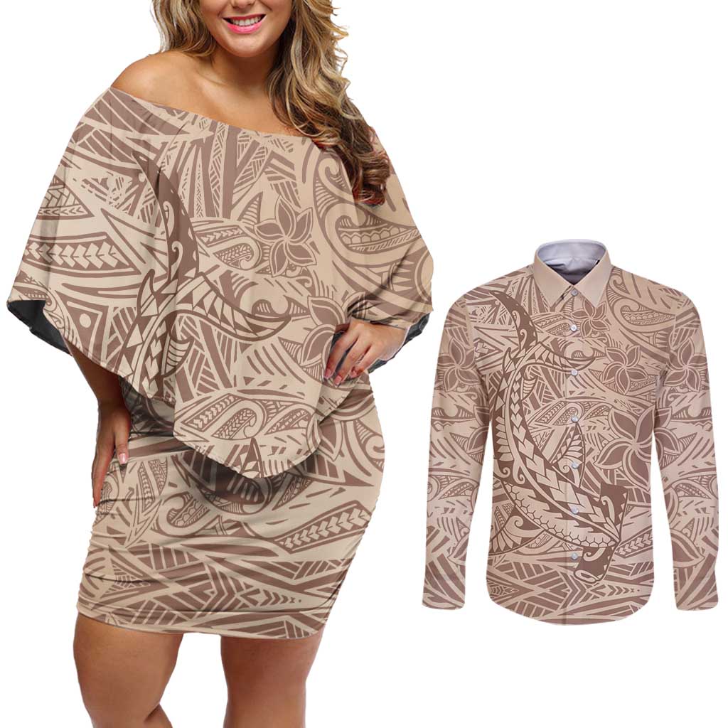 Pink Gradient Polynesia Couples Matching Off Shoulder Short Dress and Long Sleeve Button Shirt Hawaiian Tribal Hammerhead Shark Tattoo