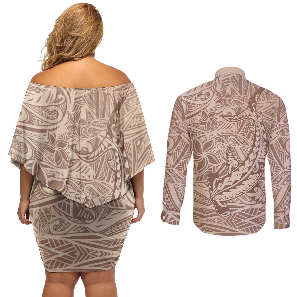 Pastel Brown Polynesia Couples Matching Off Shoulder Short Dress and Long Sleeve Button Shirt Hawaiian Tribal Hammerhead Shark Tattoo LT14 - Polynesian Pride