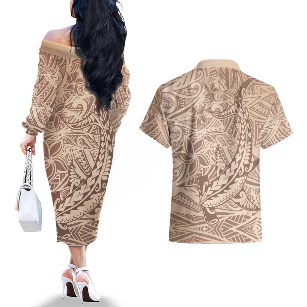 Pastel Brown Polynesia Couples Matching Off The Shoulder Long Sleeve Dress and Hawaiian Shirt Hawaiian Tribal Hammerhead Shark Tattoo LT14 - Polynesian Pride