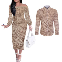 Pastel Brown Polynesia Couples Matching Off The Shoulder Long Sleeve Dress and Long Sleeve Button Shirt Hawaiian Tribal Hammerhead Shark Tattoo LT14 Pastel Brown - Polynesian Pride