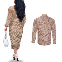 Pastel Brown Polynesia Couples Matching Off The Shoulder Long Sleeve Dress and Long Sleeve Button Shirt Hawaiian Tribal Hammerhead Shark Tattoo LT14 - Polynesian Pride