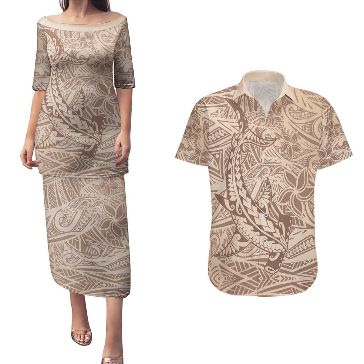 Pastel Brown Polynesia Couples Matching Puletasi and Hawaiian Shirt Hawaiian Tribal Hammerhead Shark Tattoo LT14 Pink - Polynesian Pride