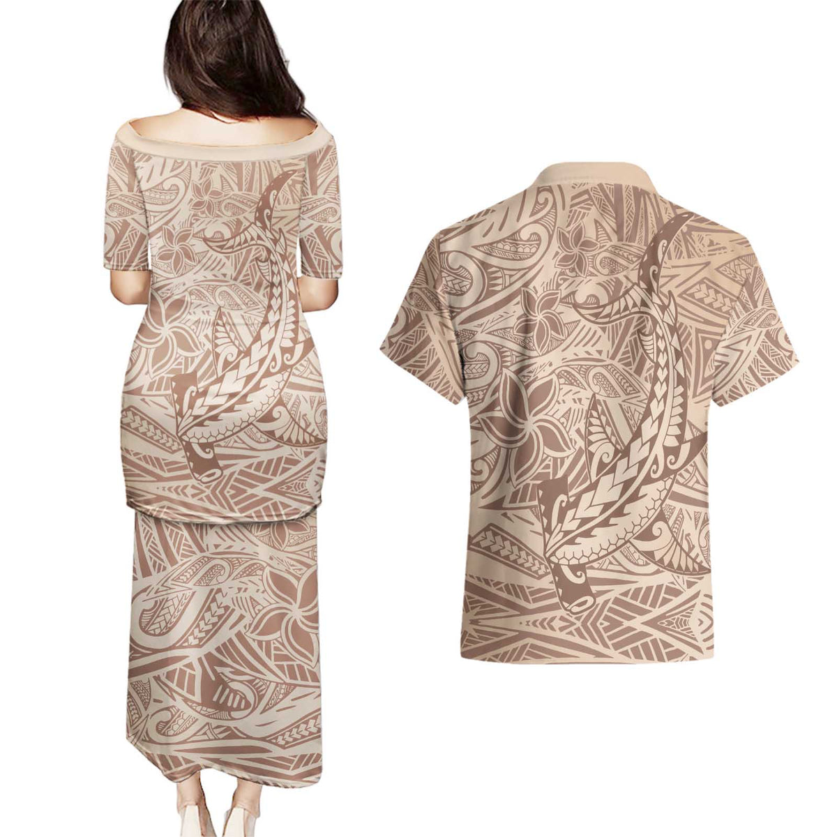 Pastel Brown Polynesia Couples Matching Puletasi and Hawaiian Shirt Hawaiian Tribal Hammerhead Shark Tattoo LT14 - Polynesian Pride