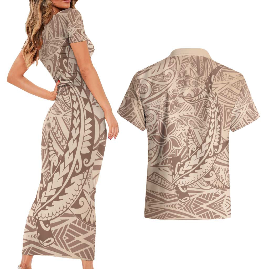 Pastel Brown Polynesia Couples Matching Short Sleeve Bodycon Dress and Hawaiian Shirt Hawaiian Tribal Hammerhead Shark Tattoo LT14 - Polynesian Pride