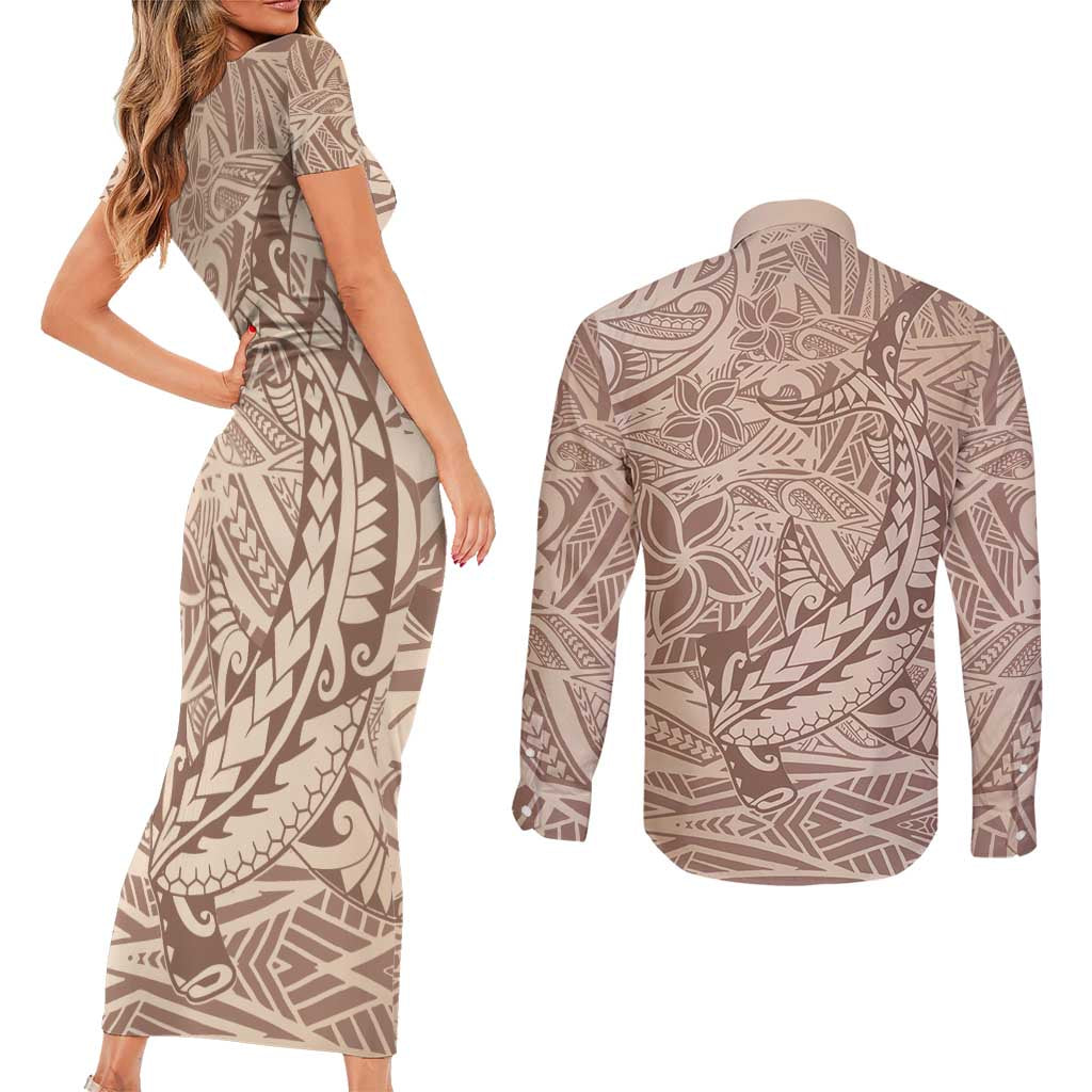 Pastel Brown Polynesia Couples Matching Short Sleeve Bodycon Dress and Long Sleeve Button Shirt Hawaiian Tribal Hammerhead Shark Tattoo LT14 - Polynesian Pride