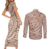Pastel Brown Polynesia Couples Matching Short Sleeve Bodycon Dress and Long Sleeve Button Shirt Hawaiian Tribal Hammerhead Shark Tattoo LT14 - Polynesian Pride