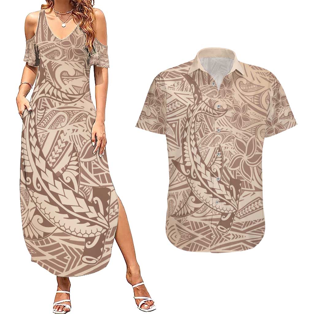 Pastel Brown Polynesia Couples Matching Summer Maxi Dress and Hawaiian Shirt Hawaiian Tribal Hammerhead Shark Tattoo LT14 Pastel Brown - Polynesian Pride