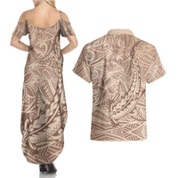 Pastel Brown Polynesia Couples Matching Summer Maxi Dress and Hawaiian Shirt Hawaiian Tribal Hammerhead Shark Tattoo LT14 - Polynesian Pride