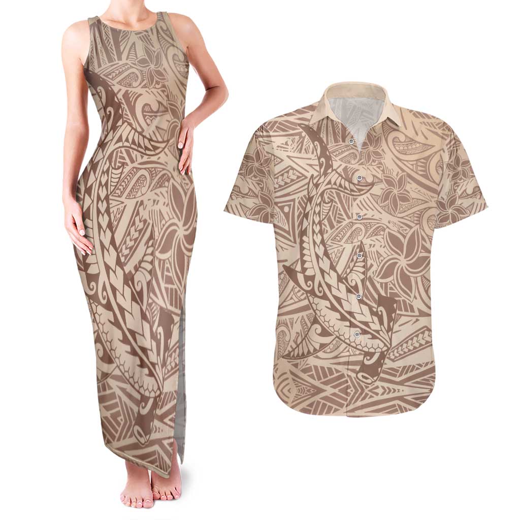 Pink Gradient Polynesia Couples Matching Tank Maxi Dress and Hawaiian Shirt Hawaiian Tribal Hammerhead Shark Tattoo