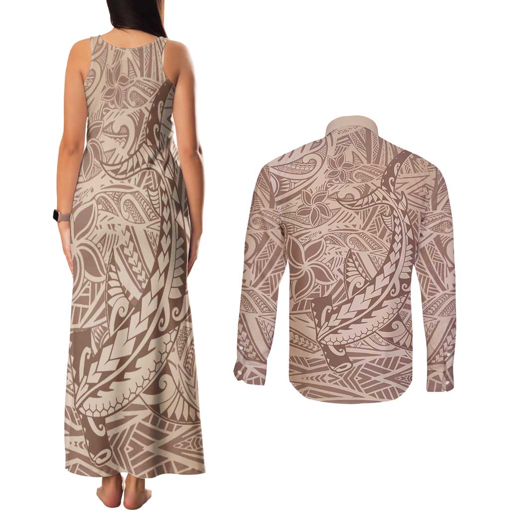 Pastel Brown Polynesia Couples Matching Tank Maxi Dress and Long Sleeve Button Shirt Hawaiian Tribal Hammerhead Shark Tattoo LT14 - Polynesian Pride