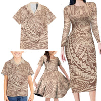Pastel Brown Polynesia Family Matching Long Sleeve Bodycon Dress and Hawaiian Shirt Hawaiian Tribal Hammerhead Shark Tattoo LT14 - Polynesian Pride