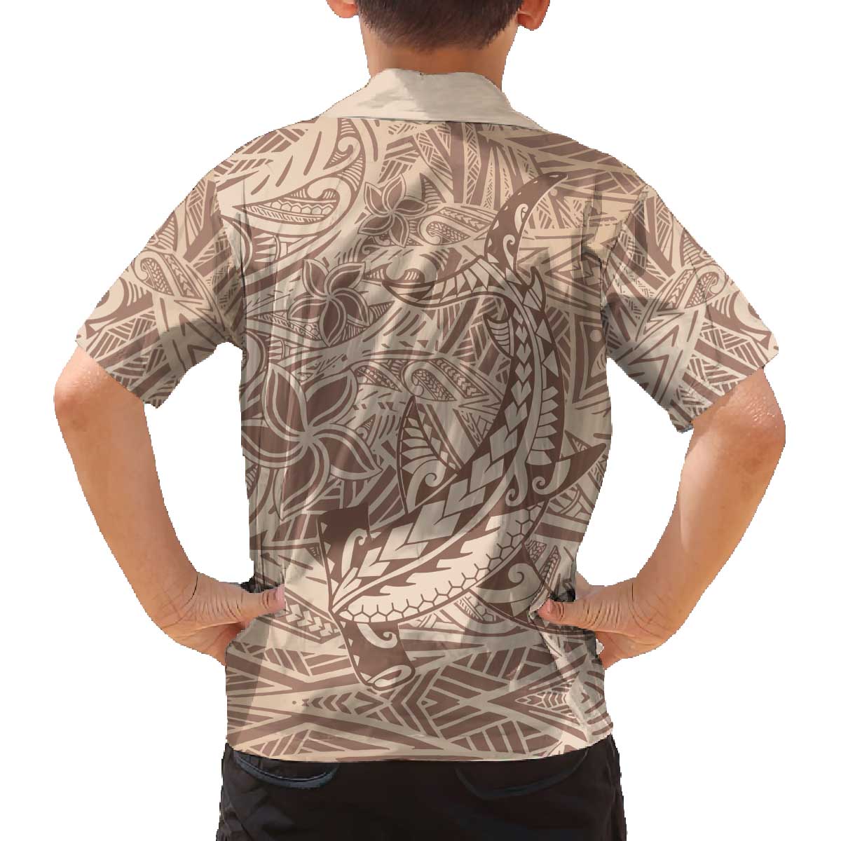 Pastel Brown Polynesia Family Matching Off The Shoulder Long Sleeve Dress and Hawaiian Shirt Hawaiian Tribal Hammerhead Shark Tattoo LT14 - Polynesian Pride
