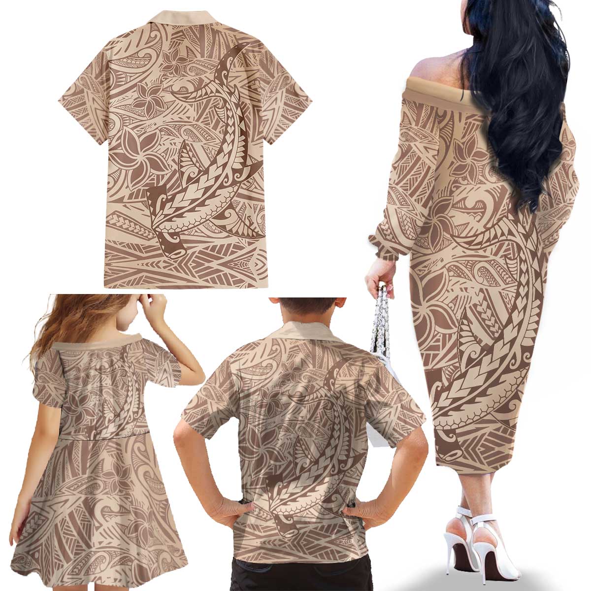 Pastel Brown Polynesia Family Matching Off The Shoulder Long Sleeve Dress and Hawaiian Shirt Hawaiian Tribal Hammerhead Shark Tattoo LT14 - Polynesian Pride