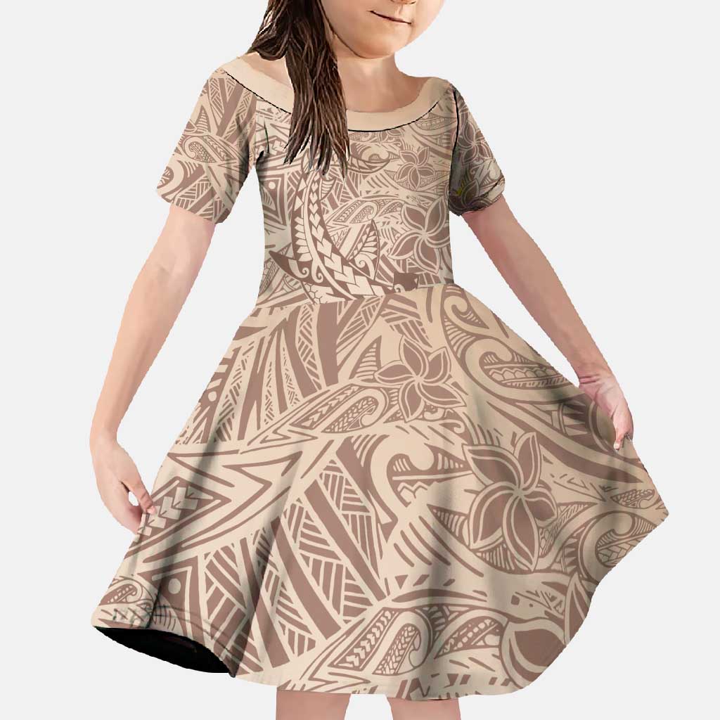 Pastel Brown Polynesia Family Matching Off Shoulder Maxi Dress and Hawaiian Shirt Hawaiian Tribal Hammerhead Shark Tattoo LT14 Daughter's Dress Pastel Brown - Polynesian Pride