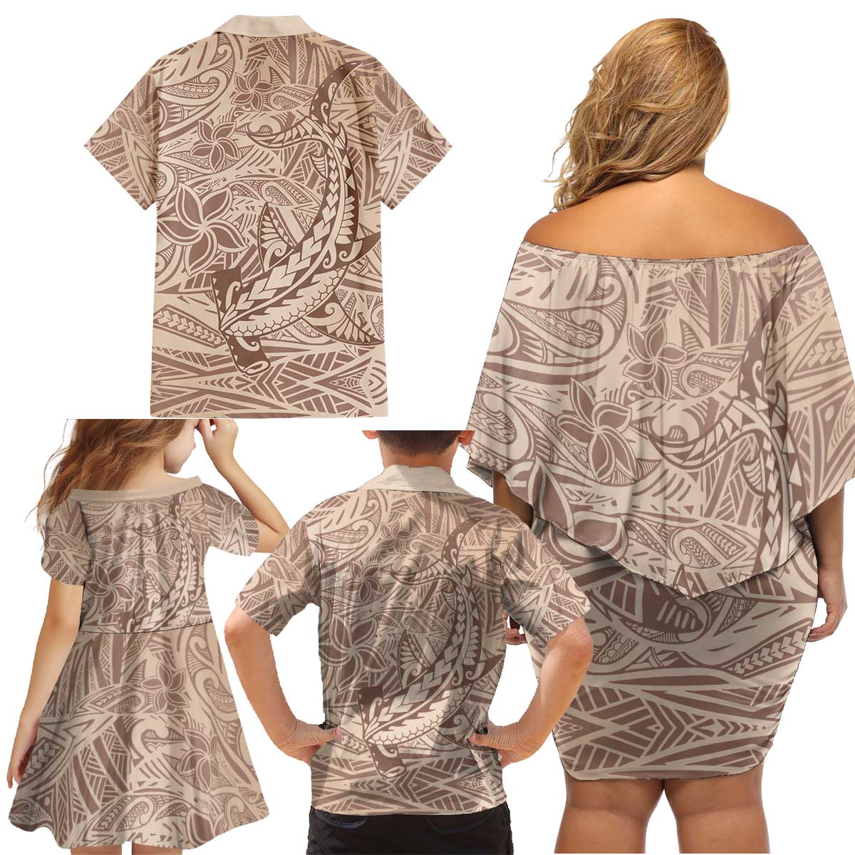 Pastel Brown Polynesia Family Matching Off Shoulder Short Dress and Hawaiian Shirt Hawaiian Tribal Hammerhead Shark Tattoo LT14 - Polynesian Pride