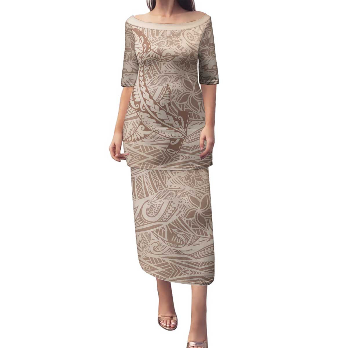 Pastel Brown Polynesia Family Matching Puletasi and Hawaiian Shirt Hawaiian Tribal Hammerhead Shark Tattoo LT14 Mom's Dress Pastel Brown - Polynesian Pride